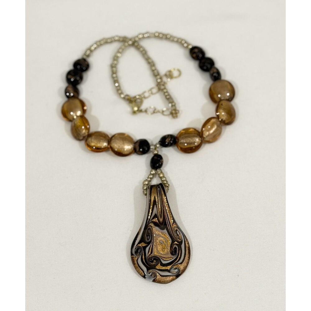 Artisan Handcrafted Black and Gold Swirl Glass Teardrop Pendant Necklace